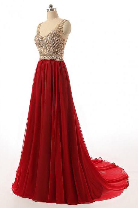 Elegant V Neck Red Beaded Bridesmaid Dresses, Beautiful Floor Length Backless Chiffon Prom Dresses, Wedding Party dresses,Formal Gowns