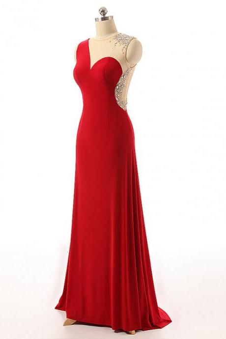 Red Chiffon Prom Dresses Illusion Jewel Neckline Crystal Sheer Beck Formal Dresses Sexy Beaded Evening Gowns 