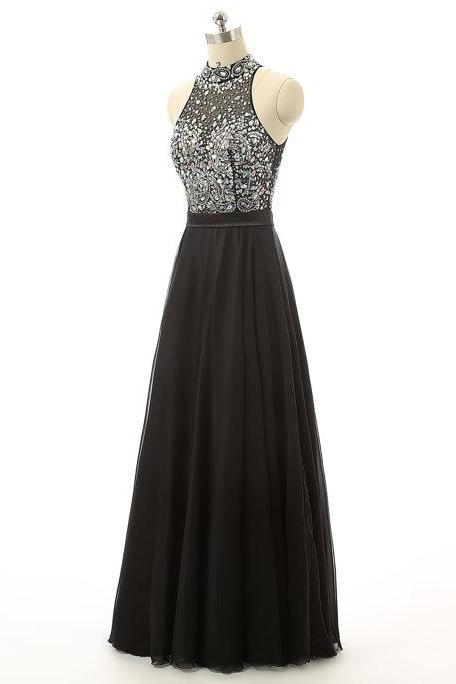 Black Rhinestones Embellished High Halter Neckline Long Chiffon Formal Dress with Open Back Detailing 