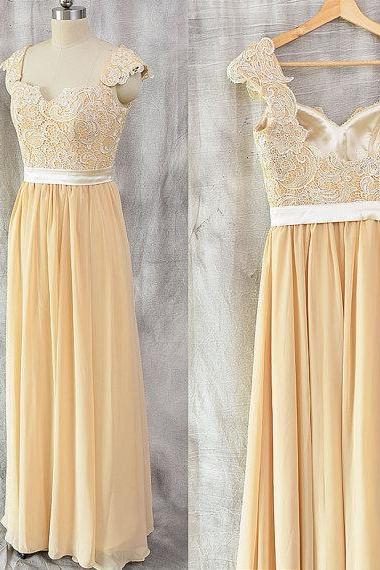 Lace Straps Champagne Prom Dresses Pretty Sweetheart Chiffon Evening Gowns - Formal Dresses, Party Dresses