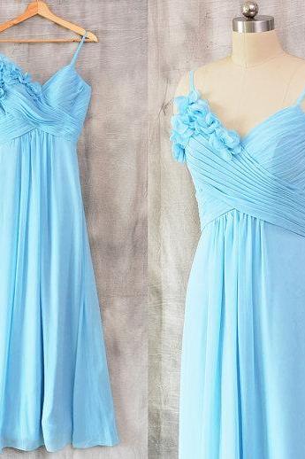 Sky Blue Sweetheart Spaghetti Straps Prom Dresses, Floor Length Chiffon Ruched Evening Gowns, Formal Dresses, Party Dresses