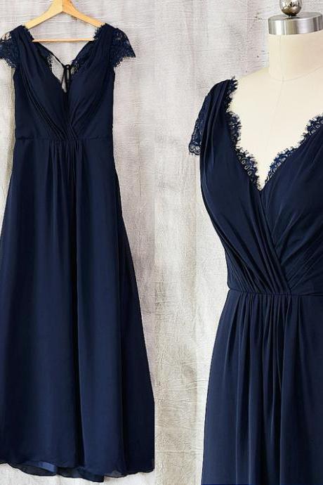 Lace Cap Sleeve Dark Navy Prom Dresses, Floor Length Chiffon Navy Blue Ruched Evening Gowns, Formal Dresses, Party Dresses