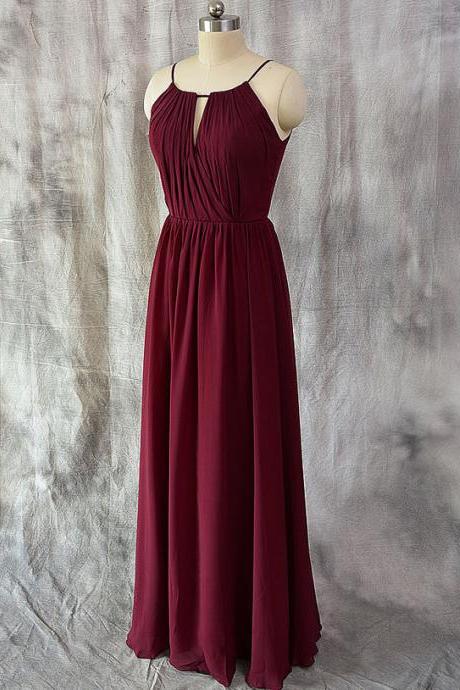 Simple Keyhole Burgundy Chiffon Scoop Neckline Ruched Formal Dresses-Evening Gowns, Prom Dress