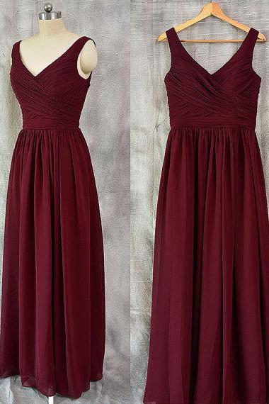 Simple Long Burgundy Chiffon V Neck Formal Dresses - Evening Gowns, Prom Dresses
