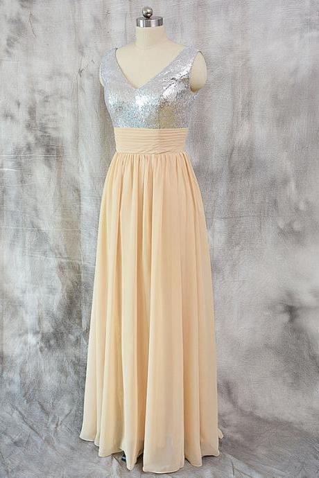 Sparkly Sequined V Neck Chiffon Champagne Formal Dresses - Evening Gowns, Prom Dresses