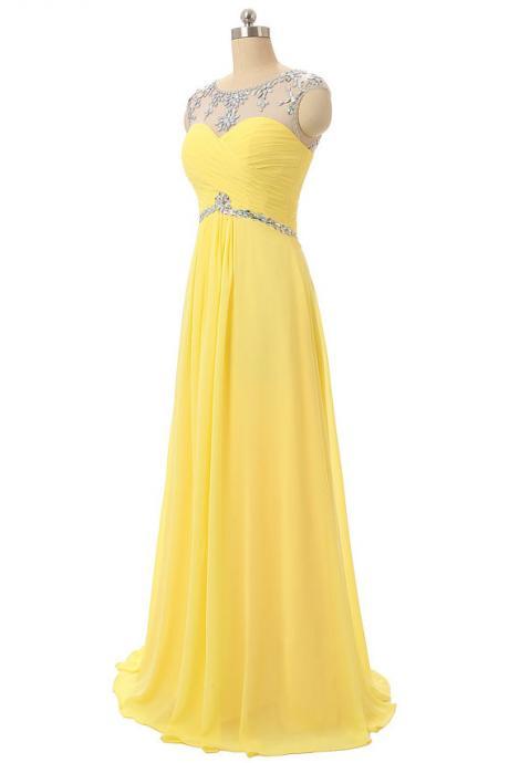 Yellow Prom Dresses,fashion Sheer Neck Crystal Prom Gowns,sexy Backless Chiffon Prom Dresses,custom Made Prom Dress,long Elegant Prom
