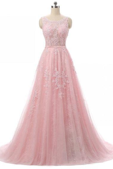 Pink Strapless Floral Lace Appliqués Floor Length Tulle Prom Dress With Scoop Neckline And Open Back Detailing