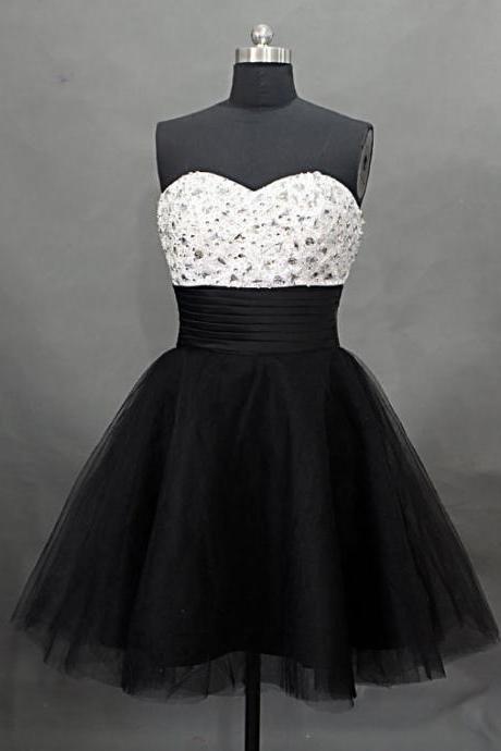 Little Black Dresses, Sweetheart Crystal Black Tulle Homecoming Dresses, Black Short Prom Dresses,Dress For Party