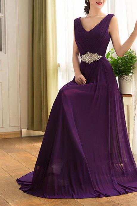 Fashion Elegant Grape Purple Evening Dresses A Line V Neck Chiffon Prom Gowns,New Arrival Formal Gowns Party Dresses