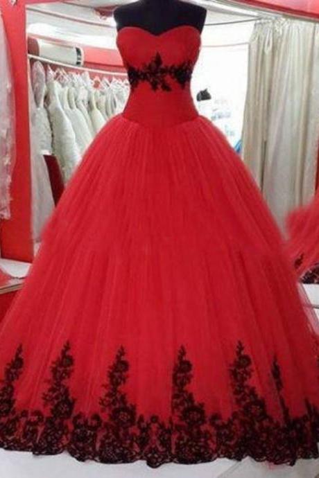 Red Quinceanera Dresses For 15 Years Tulle Sweetheart Lace Appliques Prom Dresses Long Elegant Formal Party Gowns
