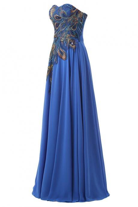 Blue Long Chiffon A-line Prom Gown Featuring Sweetheart Bodice With Peacock Feather Embroidery