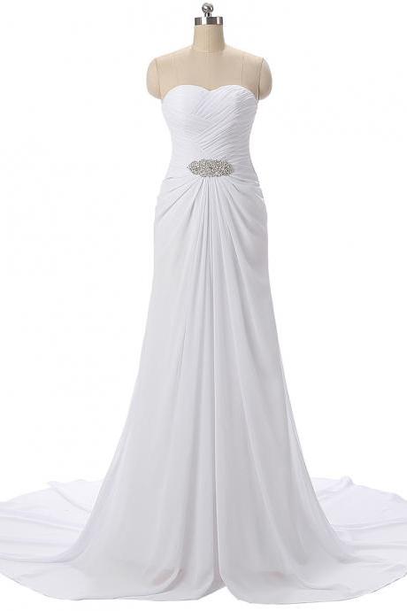Charming White A Line Ruched Chiffon Prom Dresses With Beaded Waistline And Chapel Train