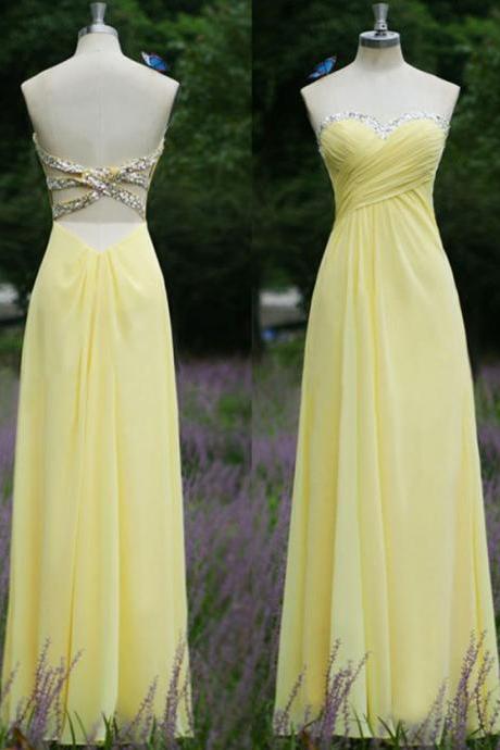 Yellow Sweetheart Neckline Ruched Chiffon Prom Dresses With Sexy Beading Back
