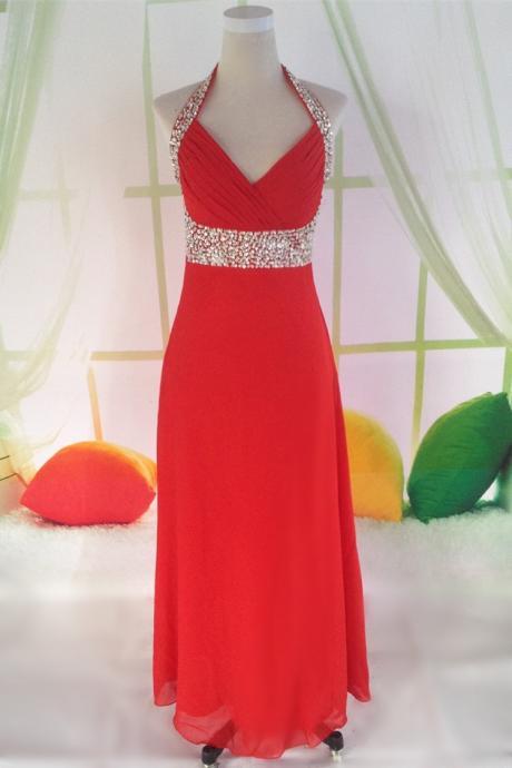 Red Halter Beaded Chiffon A Line Formal Dresses- Prom Gowns, Party Dress