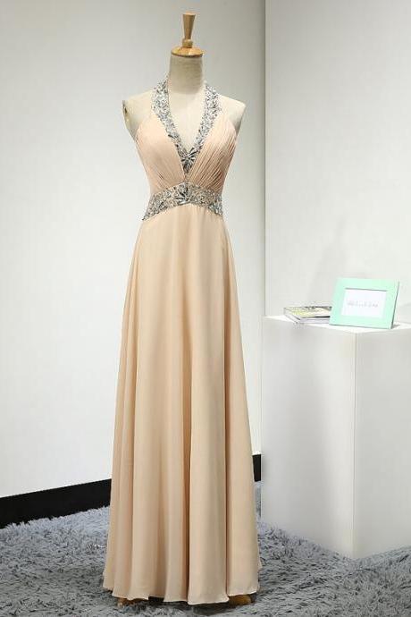 Halter Plunging V Beaded Ruched Chiffon A-line Floor-length Prom Dress, Evening Dress