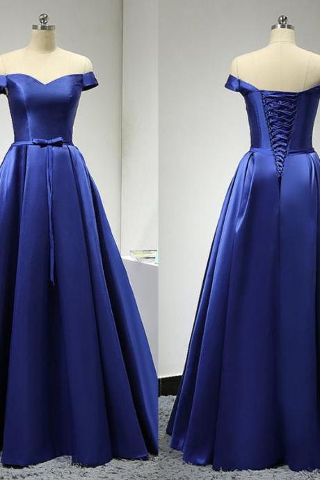 Royal Blue Long Satin A-line Evening Dress Featuring Off The Shoulder Bodice And Lace-up Back And Bow Accent Belt