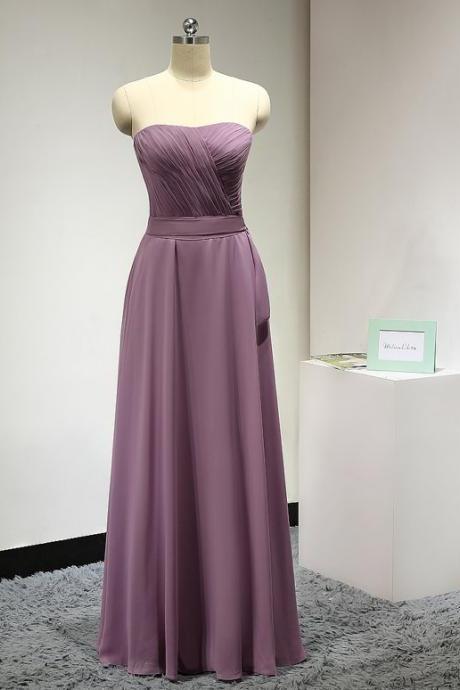 Purple Long A-Line Chiffon Bridesmaid Dress Featuring Ruched Sweetheart Bodice 