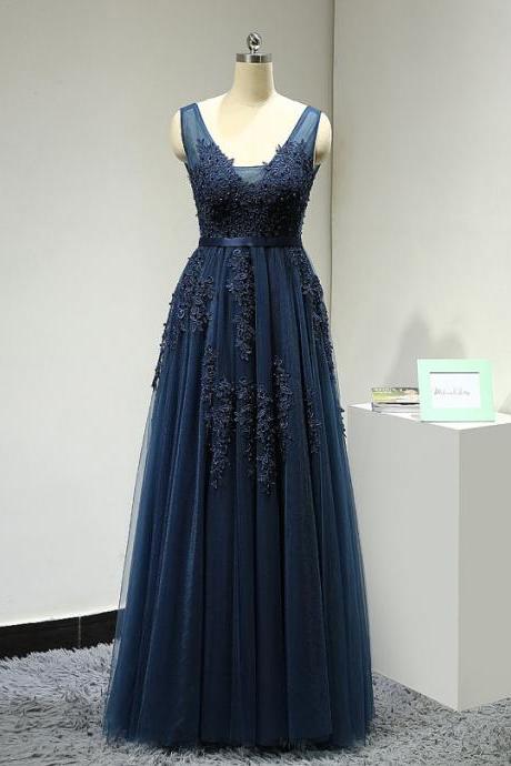 Sexy Backless Dark Navy Evening Dresses V Neck Lace Appliques Tulle Prom Party Dress Robe De Soiree Formal Gowns