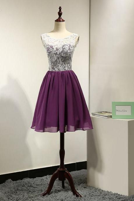 Marvelous Short Purple Sheer Neck Chiffon Bridesmaid Dresses With Lace Bodice ,Short Prom Dresses,Graduation Dresses 2016,Party Dresses,Short Evening Dresses, Short Formal Dress 2016,