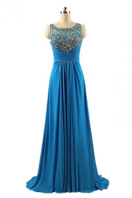 Blue Strapless Backless Floor Length Chiffon Prom Dress with Sheer Neckline and Rhinestones Bodice