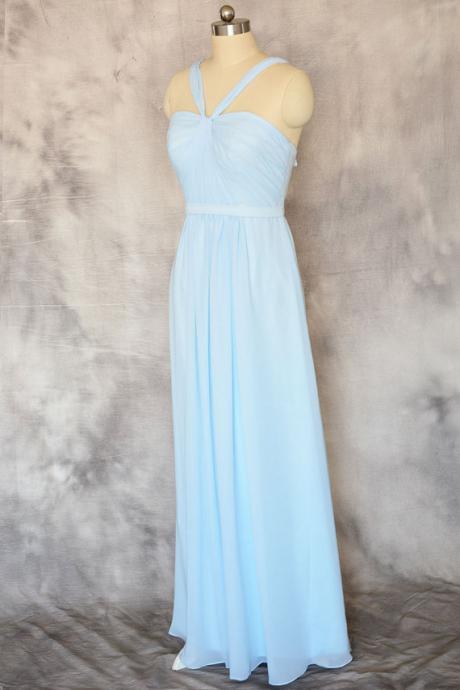 Chiffon Light Blue Sweetheart Ruched Prom Dresses,Floor Length Spaghetti Straps Formal Dresses