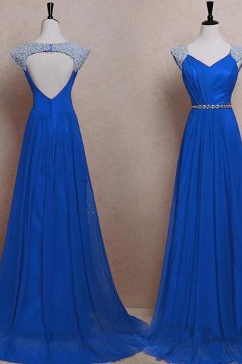 Sexy Beaded V Neck Formal Dresses Floor Length Backless Chiffon Party Prom Gowns