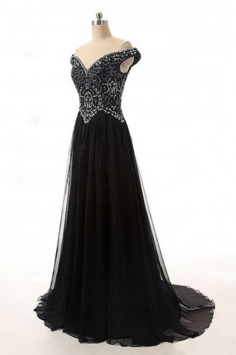 Brilliant Beaded Black Party Dresses Long Elegant Off The Shoulder Chiffon Party Evening Gowns