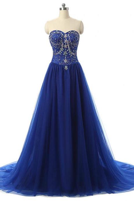 Royal Blue Formal Dresses Long Elegant Sweetheart Tulle Party Gowns With Chapel Train ---beaded Prom Dresses, Evening Dress