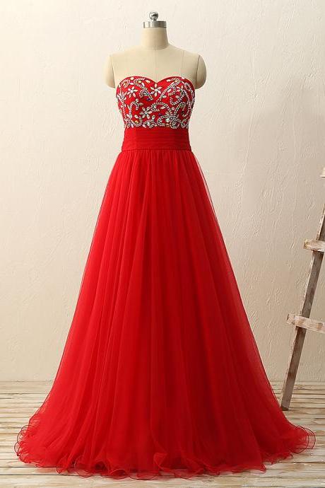 2016 Strapless Beaded Prom Dresses Long Elegant Prom Gowns Sexy Sweetheart Red Evening Dresses Party Dress Robe De Soiree