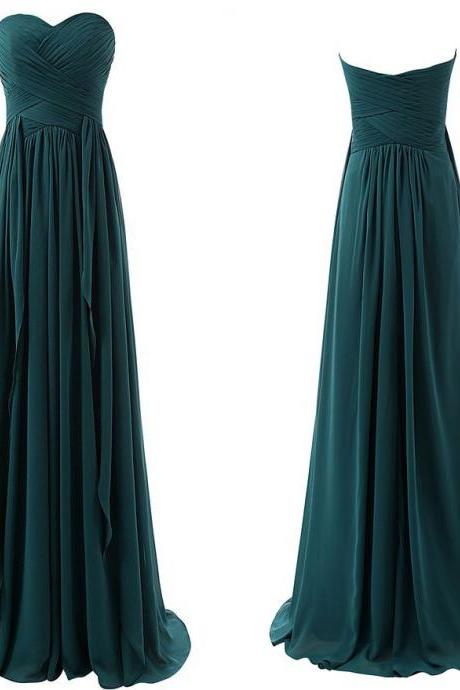 Elegant Long Dark Green Sweetheart Chiffon Prom Dresses With Ruched Bodice