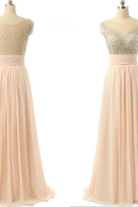 Sexy Illusion Jewel Neckline Evening Gowns Long Beaded Embellished Open Back Prom Dresses