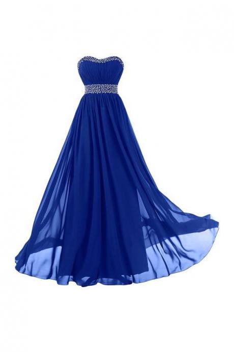Sexy Sweetheart Chiffon Royal Blue Evening Gowns Floor Length Beaded Backless Prom Dresses