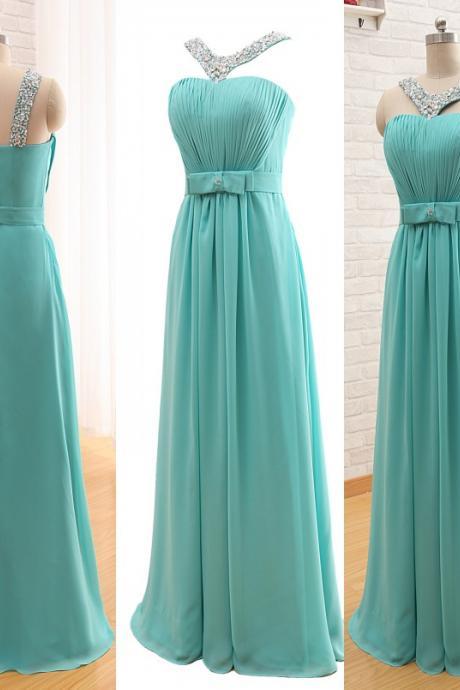 Turquoise Long Chiffon Prom Gowns V Neck Beaded Ruched Formal Dresses With Belt