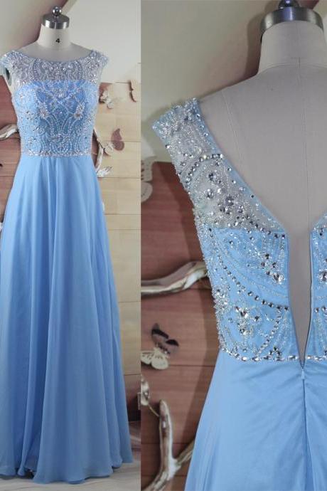 Blue Illusion Jewel Neckline Long Chiffon Prom Dresses Strapless Beaded Formal Gowns