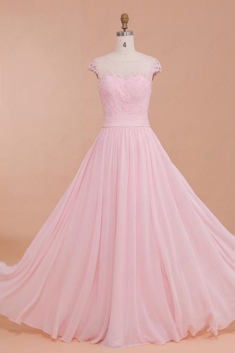 Charming Illusion Scoop Neckline Pink Prom Dresses With Lace Appliques,sexy Sheer Neck Chiffon Evening Gowns