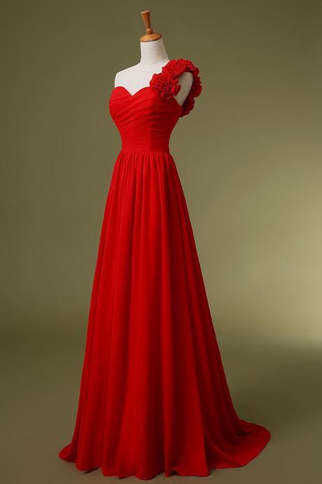 Elegant Floral One Shoulder Red Prom Dresses,sexy Long Ruched Chiffon Evening Gowns With Sweep Train