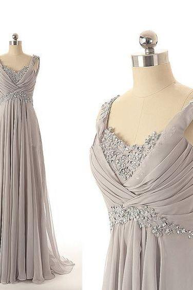 Fashion Gray V Neck Prom Dresses,sexy Long Ruched Beaded Chiffon Evening Gowns