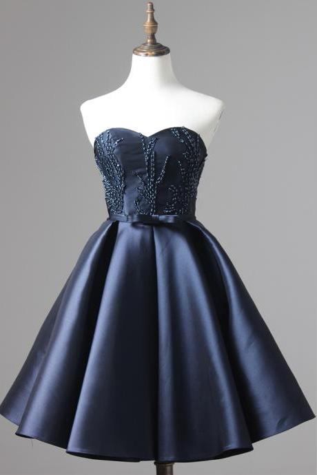Satin Navy Blue Short Homecoming Dress Featuring Beaded Sweetheart Bodice and Bow Accent Belt 