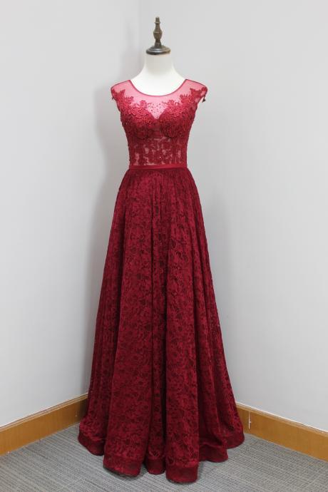 Charming Burgundy Lace Prom Dresses Long Elegant Sheer Neck See Throught Back Formal Gowns