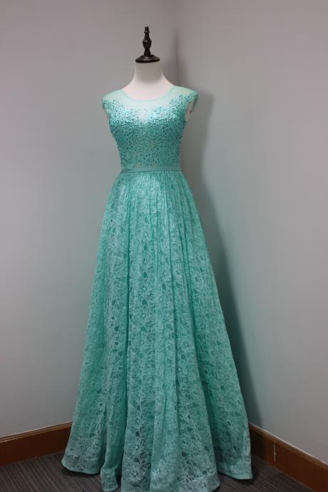 Charming Light Blue Lace Prom Dresses Long Elegant Sheer Neck See Throught Back Formal Gowns