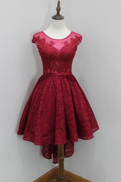 Burgundy High Low Prom Dresses With Illusion Neckline Elegant Lace Strapless Rhinestones Formal Gowns