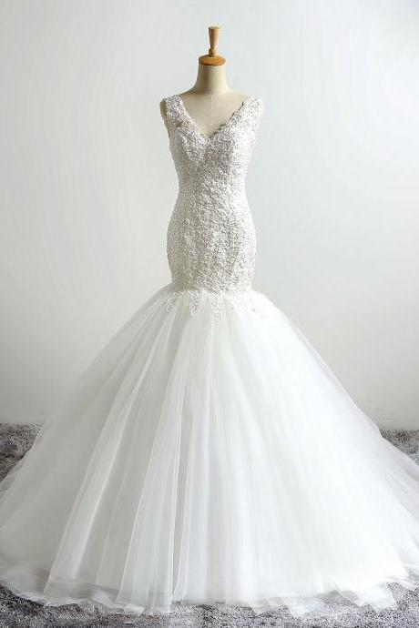 Plunge V Beaded Lace Appliqué Tulle Mermaid Wedding Gown