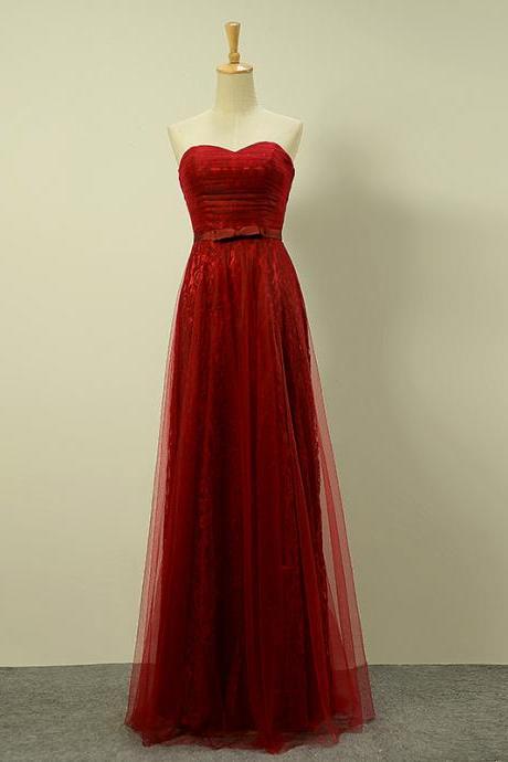 Simple Burgundy Lace Sweetheart Neckline Ruched Formal Dresses- Evening Gowns, Prom Dresses