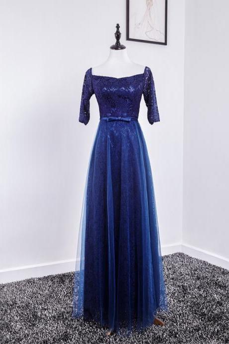 Long Navy Blue Evening Dresses Half Sleeve Lace Prom Dress Long Elegant Formal Gowns Robe De Soiree