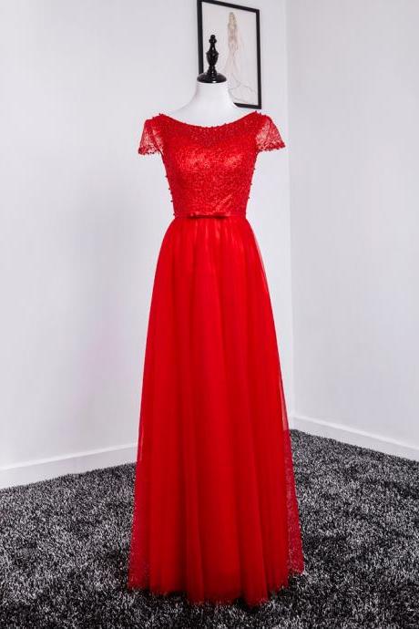 Cap Sleeve Red Prom Dress,long Elegant Tulle Beaded Bridesmaid Dresses, Sexy Scoop Tulle Women Evening Dresses ,long Elegant Prom Dresses Party