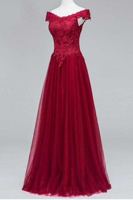 Sexy Burgundy Lace Appliques Tulle Formal Dress Featuring V Neckline And Lace-up Back