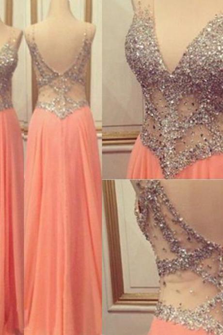 Coral Rhinestones Beaded Chiffon Formal Gown Featuring V Neckline And Sheer Back