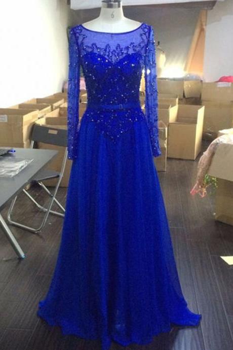 Royal Blue Floor Length Chiffon Evening Dress Featuring Beaded Bodice With Sheer Bateau Neckline And Long Sleeve 