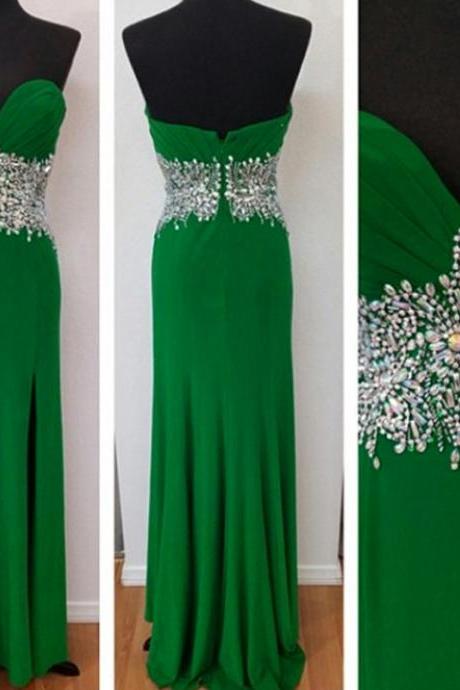 Green Floor Length Beaded Chiffon Evening Dress Featuring Ruched Bodice And Side Split Long Elegangt Formal Prom Dresses