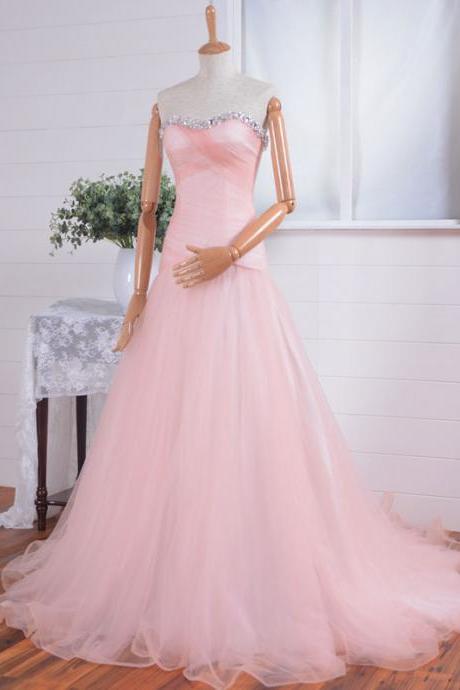 Pink Tulle Floor Length Sweetheart Prom Dress , Mermaid Party Dresses, Evening Dresses 2017, Long Elegant Prom Dresses